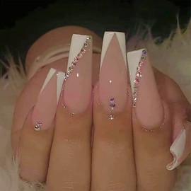MISUD Press on Nails - Long Coffin Glue on Nails with White French Tip, Acrylic Rhinestone Design 24 pcs