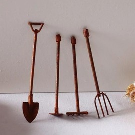 4 Pcs Miniature Dollhouse Garden Tools 1:12 Mini Rusty Shovel Hoe and Pitchfork Fairy Garden Accessories Furniture Ornaments Micro Landscape Decor Garden Sculptures Statues, Decorations