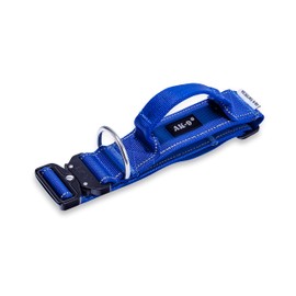 A K9 Bully Dog Tactical Combat Dog Collar with Control Handle, Military Grade Aluminium Heavy Duty Clasp, Welded Stainless Steel D Ring Reflective Webbing, Wide 50mm, Adjustable Large 45-64cm Blue