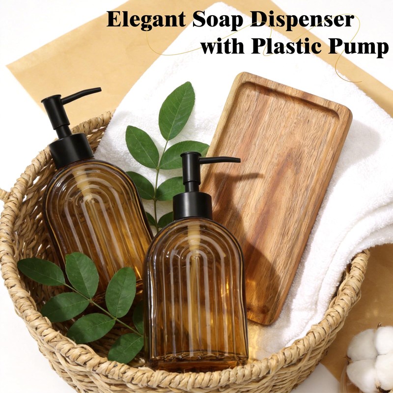 Glass Soap Dispenser Set with Wooden Tray, 13.5Oz Refillable Liquid