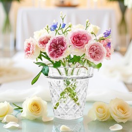 Esmiome Thickened Glass Vase Embossed Big Base Large 6.1in Wide Mouth Rhombus Clear Vases Bowl Bouquet Ribbed with a Hydroponic Baskets Vintage for Aquaponics Orchids Avocado Phalaenopsis Hyacinth