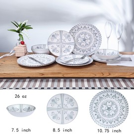 Yinshine Melamine Dinnerware Set, 12pcs Embossed Plates and Bowls Sets, Plastic Dinnerware Dishes Set for 4, Lightweight, Unbreakable, Dishwasher Safe