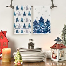 Artoid Mode Blue Xmas Tree Christmas Kitchen Towels Dish Towels, 18x26 Inch Farmhouse Holiday Snowflake Winter Decoration Cleaning Set of 2