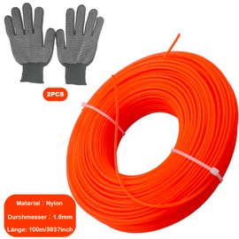 FZYESNO Grass Trimmer Line, 1.6 mm Diameter Trimmer Line (Round), 100 m Mowing Line, Brush Cutter Thread (Orange), Brush Cutter Thread Made of Nylon, Thread for Brush Cutter [Includes a Pair of Gloves
