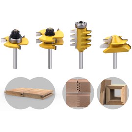 ROOCBIT 45 Degree Lock Miter Router Bit & T Shape Tongue and Groove Bit & Finger Joint Bit 1/4 Inch Shank Woodworking Milling Cutter Tool 4-Piece Set