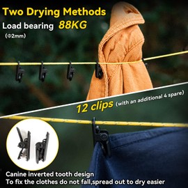 Camping Washing Line for Travel - 3.5-7 m Adjustable Portable Washing Line, Tear-Resistant Washing Line, Flexible Laundry Rope with 16 Clips for Bathroom, Laundry Room, Camping, Garden or Travel (1)