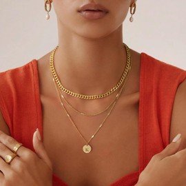Layered Initial Necklaces for Women 14K Gold Plated Letter A-Z Pendant Choker Necklaces for Women Stackable Layered Necklace Circle Coin Cuban Chain Name Necklace Trendy (K)