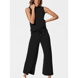 Lounge Sets for Women 2 Piece Summer Outfits Matching Sets Women Clothing Vacation Outfits Business Casual Work Wide Leg Crop Pants Airport Travel Outfits 2025 Black L