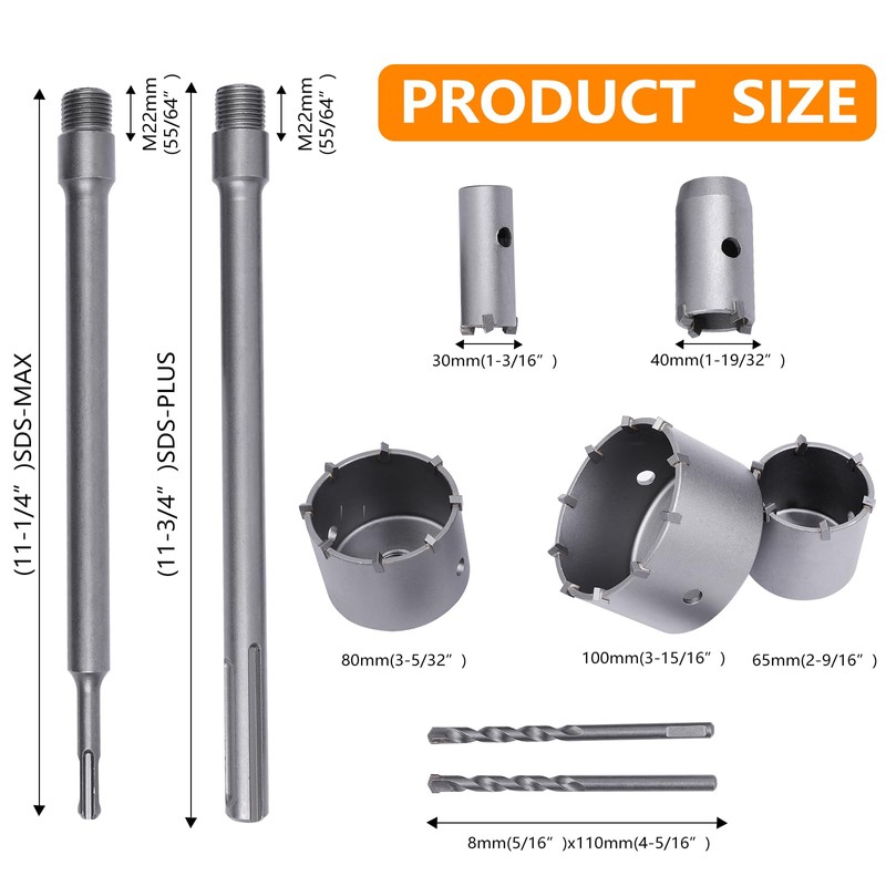 REETAI-FOUR 10Pcs SDS Plus Concrete Hole Saw Kits, Tungsten Carbide