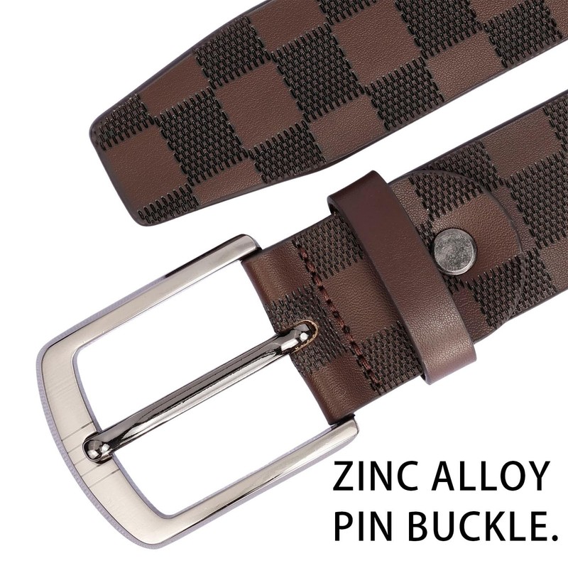 Men's Leather Checkered Pattern Belt with Silver Buckle, Classic Design