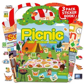 CREATIVETREES 3 Sets Reusable Sticker Book for Toddlers 3-6, Jelly Sticker Books for Toddler, Travel Sticker Activity Toys for Kids 3 4 5 6 Years Old Girls & Boys（Supermarket + Picnic + Kitchen）