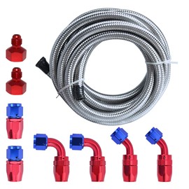 12Ft 6AN 3/8" Fuel Line Hose Braided Stainless Steel,With 6PCS AN6 Swivel Hose Ends and 2PCS AN-10 to AN-6 Fuel Tank Fitting Adapters Kit, Blue & Red