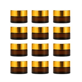 12 Packs 5ml/0.17Oz Amber Glass Cream Jars with Golden Lids Small Cosmetic Containers Refillable Empty Jars Travel Sample Jars for Lip Balm, Salve, Ointment, Eye Cream, DIY Skincare