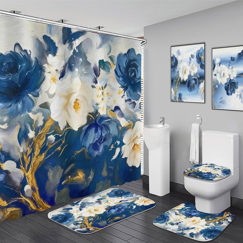 LQCOOL Blue Shower Curtain Set 4Pcs Flower Bathroom Sets with