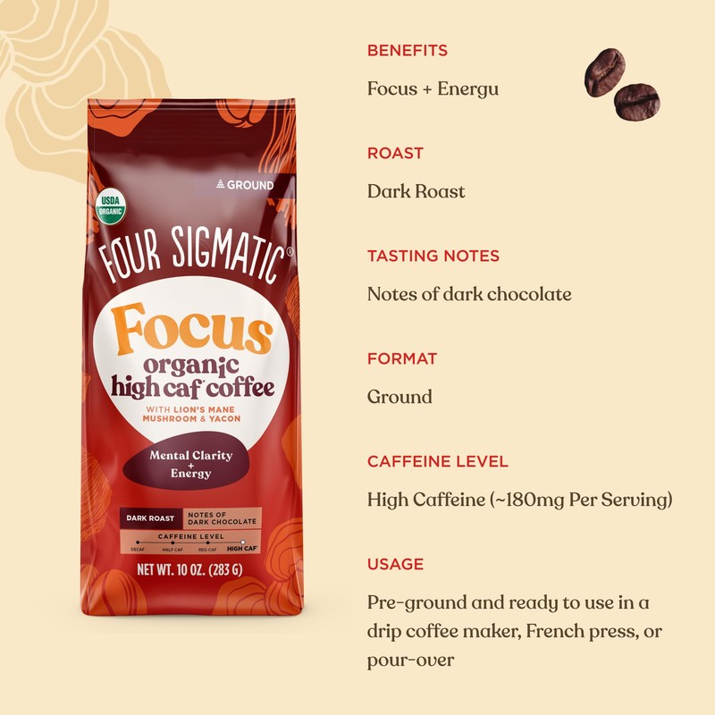 Four Sigmatic Organic High Caffeine Lion's Mane Ground Coffee, 10