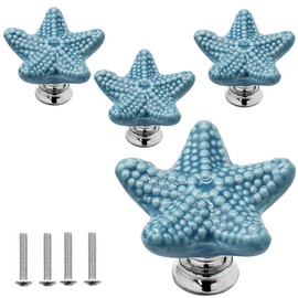 Luomorgo 4 Pack Ceramic Starfish Drawer Knobs - Coastal Blue Cabinet Handles for Kitchen, Dresser & Wardrobe Cupboard Drawer, Beach Theme Pulls with Screws