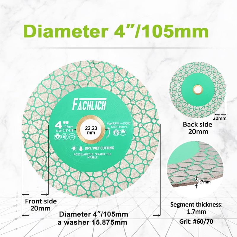 FACHLICH Diamond Tile Saw Blade 4" 105mm Cut off Wheel
