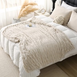 Luxury Thick Plush Double Side Ruched Faux Rabbit Fur Throw Blanket Ultra-Plush Cozy Soft Decorative Blanket Use for Couch Bed Travel(Double Ruched Beige,50"*60")