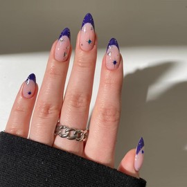 Almond Press on Nails Blue French Tip Fake Nails with Gems Silver Metallic Designs Blue Nails Press ons Star False Nails Full Cover Glossy Glue on Nails Stick on Nails for Women Girls Manicure 24 Pcs