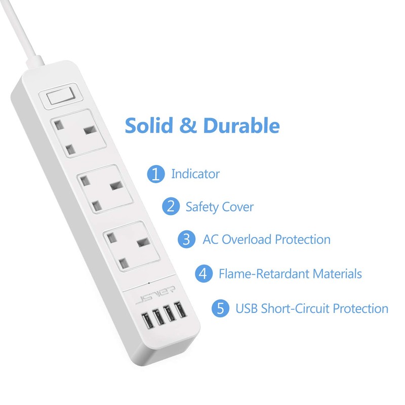 JSVER Extension Lead USB, Power Socket with 3 Outlet 4