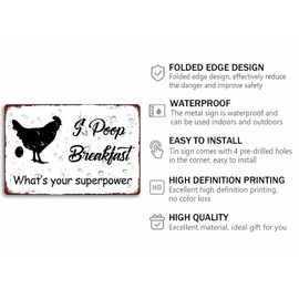 I Poop Breakfast Whats Your Superpower Tin Funny Chicken Metal Sign Farmhouse Vintage Wall Decor For Chicken Coop Kitchen 8x12 Inch