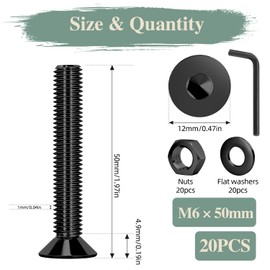 GOHODOMINO Countersunk Screws with Hexagon Socket DIN 7991 (ISO 10642) Full Thread Countersunk Head Screw Black Oxide Stainless Steel A2 V2A M6 x 50 mm (Pack of 20)
