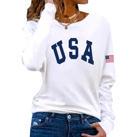 Hilinker Women's Long Sleeve Tops Graphic Tee Casual Loose Crew Neck T Shirts White Letter USA Small