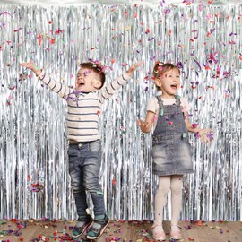 GOER 3.2 ft x 9.8 ft Metallic Tinsel Foil Fringe Curtains Party Photo Backdrop Party Streamers for Birthday,Graduation,New Year Eve Decorations Wedding Decor (Silver,3 pcs)
