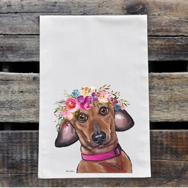 Dachshund Tea Towel - Cute Flower Crown Dachshund Flour Sack Towel - Dachshund Kitchen Towel - Dachshund Lover Gifts - Dachshund gifts for mom - Dog Kitchen Decor - Hippie Hound Studios