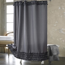 BESTRIPES Ruffle Stall Shower Curtain, Grey Fabric Narrow Shower Curtain with Handmade Ruffles, Farmhouse Chic Bath Small Curtains, 54" W x 72" H