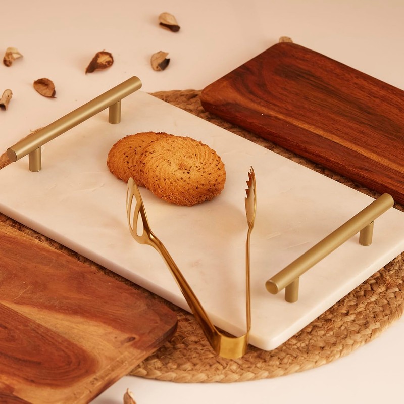 Queenza White Marble Decorative Tray with Gold Handles (12 x