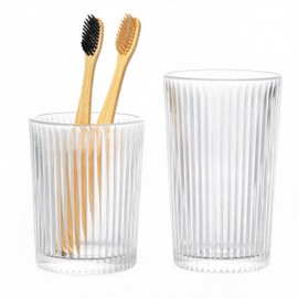 Keckensr Glass Toothbrush Holders for Bathrooms, 2pcs Vintage Clear Toothbrush Holder, Tooth Brush & Toothpaste & Makeup Brush Organizer for Vanity Countertop Bathroom Tumbler Cup Set