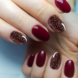 BFY Short Press on Nails Almond Winter Christmas Colors, Xmas Wine Red Glitter Nail Decoration Gel Made Acrylic Nails, Glossy Fake Nails Stick Glue on Nails Kit, New Year Nail Accessories 24 Pcs