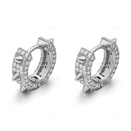 Iced Cz White Gold Plated 925 Sterling Silver Cool Punk Style Small Trendy Spike Thorn Hoop Earrings for Men Women Spiked Hypoallergenic Huggie Hoops Earrings, Small, Sterling Silver, Cubic Zirconia