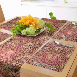 ABAKUHAUS Yellow Damask Table Runner & 4 Piece Placemats, East Oriental Art Hand Drawn Repeating Paisley Leaf Pattern Table Decoration Set, 180 x 40 cm, Magenta and Yellow