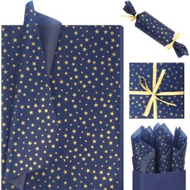 100 Sheets Navy Blue with Gold Star Tissue Paper Bulk, 20x14in Blue Gold Star Wrapping Tissue for Gift Bags 4th of July Independence Day Memorial Day DIY Crafts
