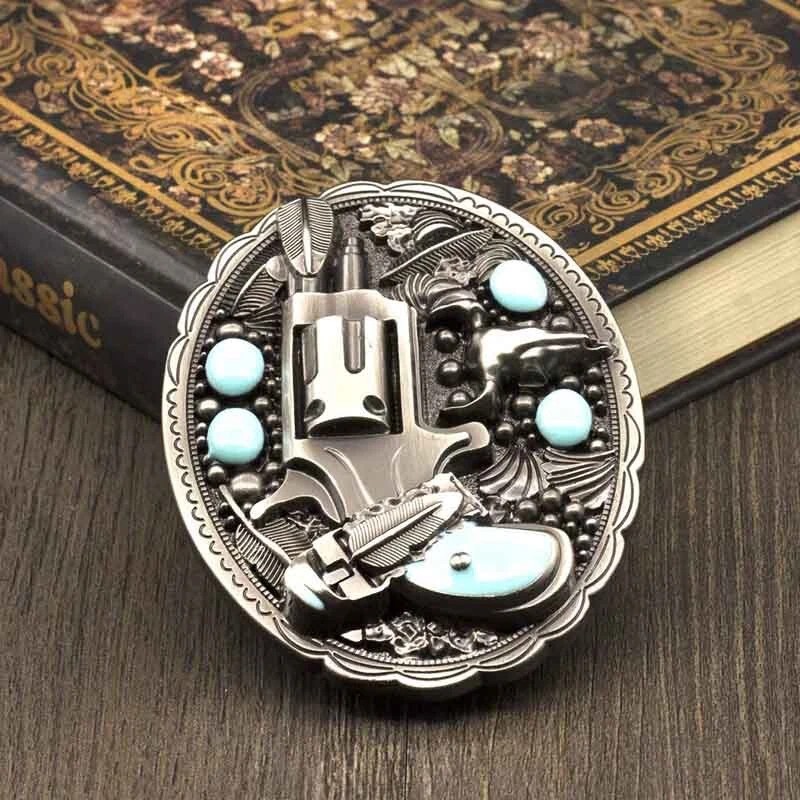 Style Pistol Revolver Gun Belt Buckle Feathers Turquoise Indian American