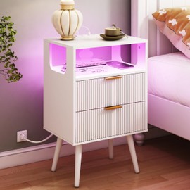 JOONEE White Nightstand with Charging Station and LED Lights,Modern Bedside Table with 2 Storage Drawer and Open Wood Shelf, for Bedroom and Small Spaces,Night Stand with Solid Wood Legs, White