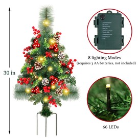 GUOOU Set of 2 30 Inch Pre-Lit Pathway Christmas Trees, Outdoor Christmas Tree Decorations for Porch, Driveway, Yard, Garden, with 66 LED Lights, Red Berries, Pine Ones, Red Ball Ornaments