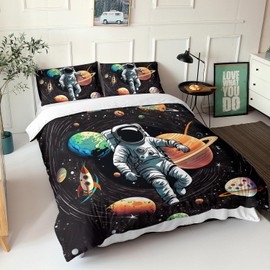 AILONEN 3D Astronaut Print Duvet Cover Set King Size, Outer Space Themed Bedding Set,Cartoon Rocket Planet Comforter Cover Set 3 Pieces, 1 Quilt Cover and 2 Pillowcases(No Comforter)