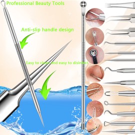Pimple Popper Tool Kit, Blackhead Remover, 16 PCS Professional Stainless Tweezers Acne Tools Comedone Extractor Pimple Needle Tool for Blemish Whitehead Ingrown Hair Cyst Removal Beauty Tools for Face