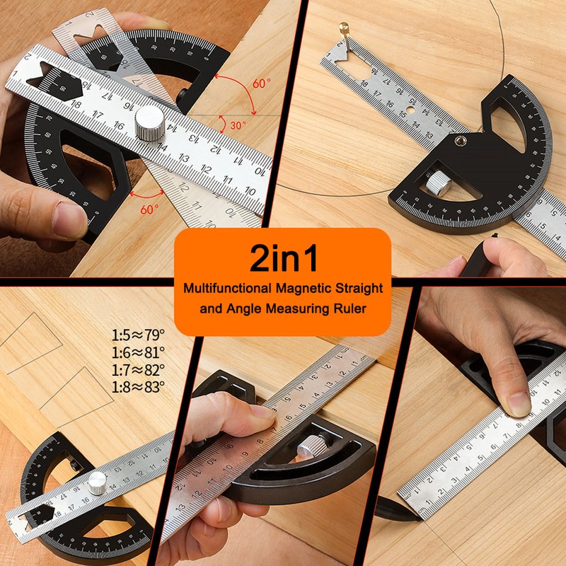 2in1 Multifunctional Magnetic Straight and Angle Measuring Ruler Woodworking Scribe