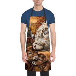 Highland Cow Family Apron for Women Men, Oxford Fabric Kitchen Chef Cooking Cows and Cottage Aprons with 2 Pockets & Adjustable Neck Strap for Gardening BBQ Baking, Gifts for Mom Dad 27x31in