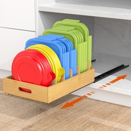 Housolution Pull Out Food Container Lid Organizer with Sliding Rail, Slide Out Plastic Lid Holder Compatible with Tupperware, Bamboo Storage Box with 5 Adjustable Dividers for Kitchen Cabinet, 1 Pack