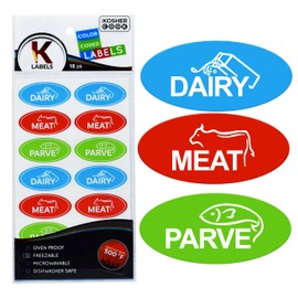 18 Assorted Kosher Labels -6 Blue Dairy, 6 Red Meat, 6 Green Parve Stickers -Oven Proof up to 500°, Freezable, Microwavable, Dishwasher Safe, English – Color Coded Kitchen Tools by The Kosher Cook