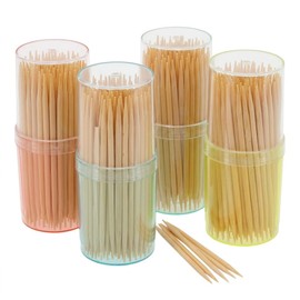 MIJOMA Untreated Wood Toothpicks - Pointed Dental Woods for Oral Hygiene, Appetizers and Cocktail Picks - Ideal for Home, Catering and Travel (4 x 120 Pieces in Coloured Mini Tin)