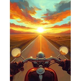 Sunset Motorcycle Diamond Painting Kits for Adults, Interesting Motorcycle 5D DIY Diamond Art Kits Full Drill Diamond for Gift Wall Decor Gem Arts - Color: Sunset Motorcycle B, Size: 12x16