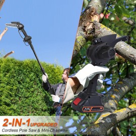2-IN-1 Cordless Pole Saw, Upgraded Mini Chainsaw with Pole, 21V Electric Pole Chainsaw W/2Pcs 3.0Ah Battery, 33FT/S Speed, 6" & 4" Cutting Capacity, 13FT Max Reach Pole Saw for Tree Trimming Branches