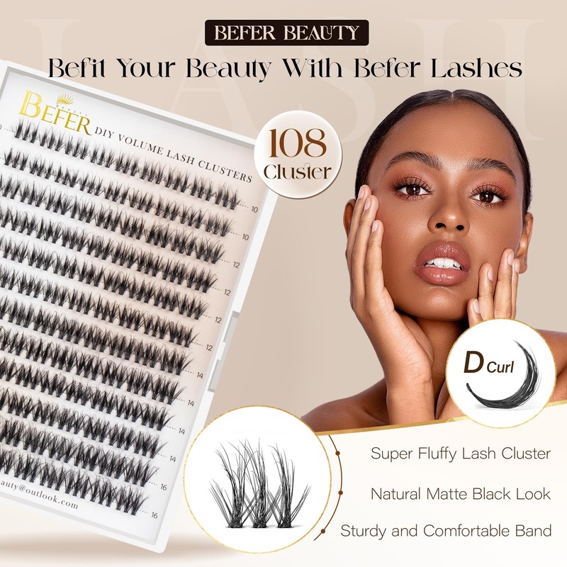 BEFER Lash Clusters Kit, 108 Pcs 3D Curl Eyelash Clusters