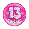 Age 13 Birthday Badge Pink And Silver Stars And Hearts Holographic Recyclable 13th Birthday Party Badge OTP
